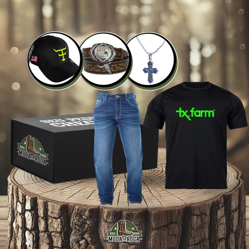 Kit Camiseta Texas de Poliéster Premium e Calça Jeans de Alfaiataria + BRINDES: Cinto, Boné e Colar