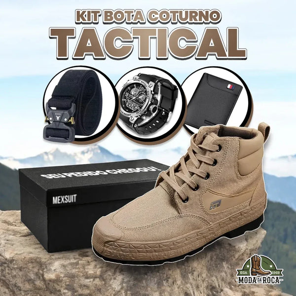 Kit Bota Militar Tactical Masculina de Couro Legitimo + 3 BRINDES: Cinto, Relógio e Carteira