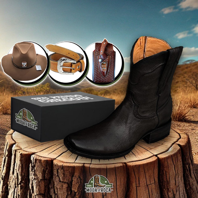 Kit Bota Frontier de Couro Robusto e Sofisticado + BRINDES: Chapéu, Cinto e Faca