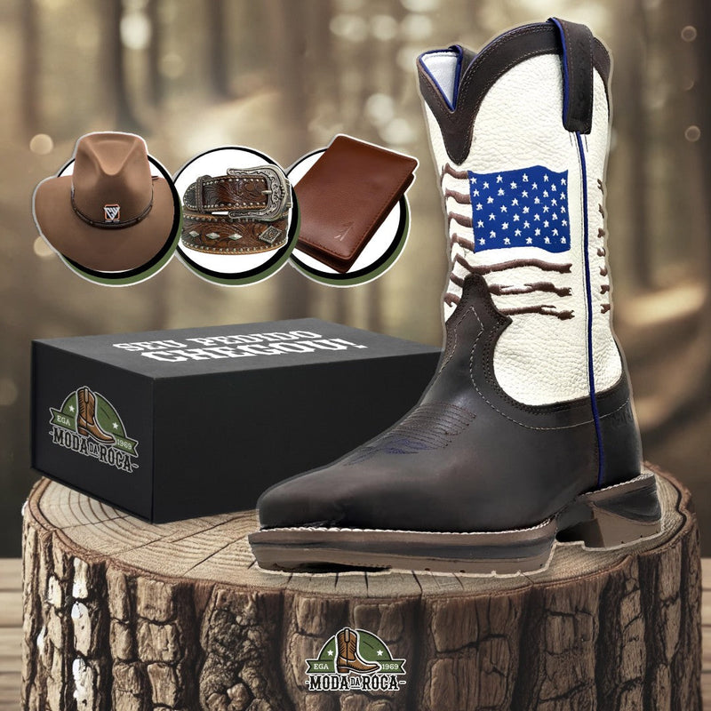 Kit Bota Ortopédica Masculina Country 2.0 em Couro Legítimo + BRINDES: Chapéu, Cinto e Carteira