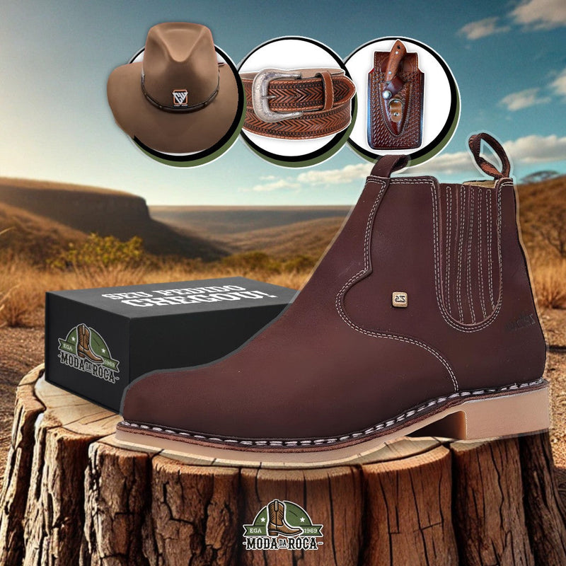 Kit Bota Texas 2.0 Masculina Ortopédica de Couro Robusto + 3 BRINDES: Chapéu, Cinto e Faca