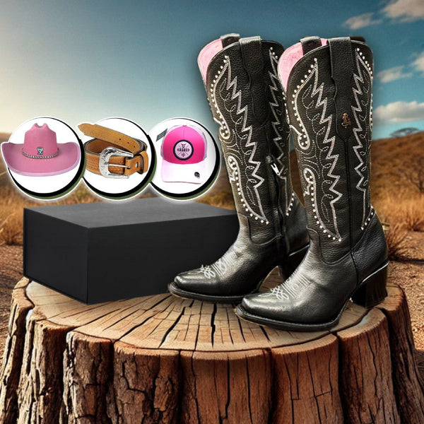 Kit Bota Country Feminina Mabella em Couro Legítimo + BRINDES: Chapéu, Boné e Cinto