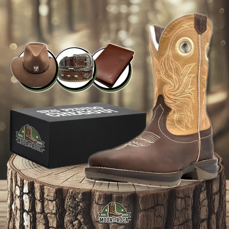 Kit Bota Ortopédica Masculina Country 2.0 em Couro Legítimo + BRINDES: Chapéu, Cinto e Carteira