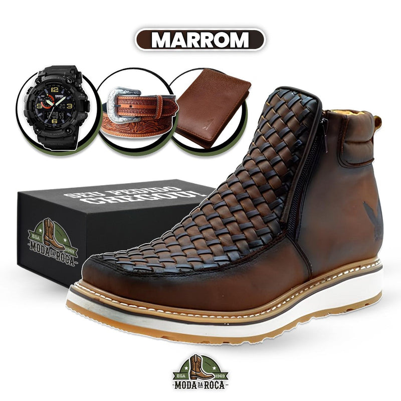 Kit Bota Iron Line Ortopédico Masculino de Couro Legítimo + 3 BRINDES: Cinto, Relógio e Carteira