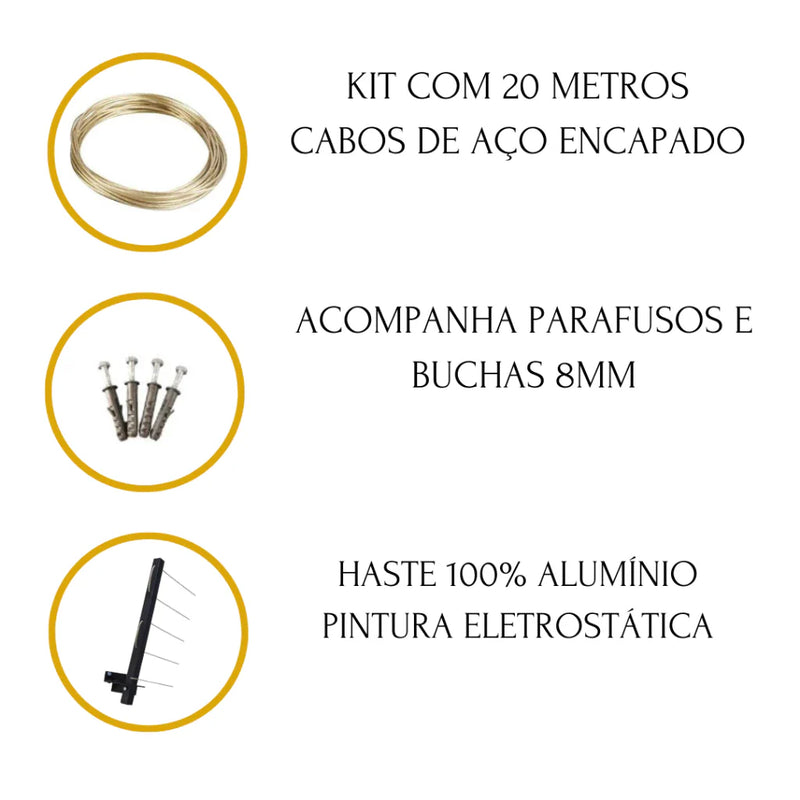 Varal Articulado Retrátil 100% Alumínio + 20m de Cabo Aço Encapado