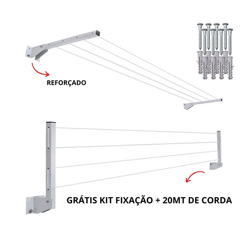 Varal Articulado Retrátil 100% Alumínio + 20m de Cabo Aço Encapado