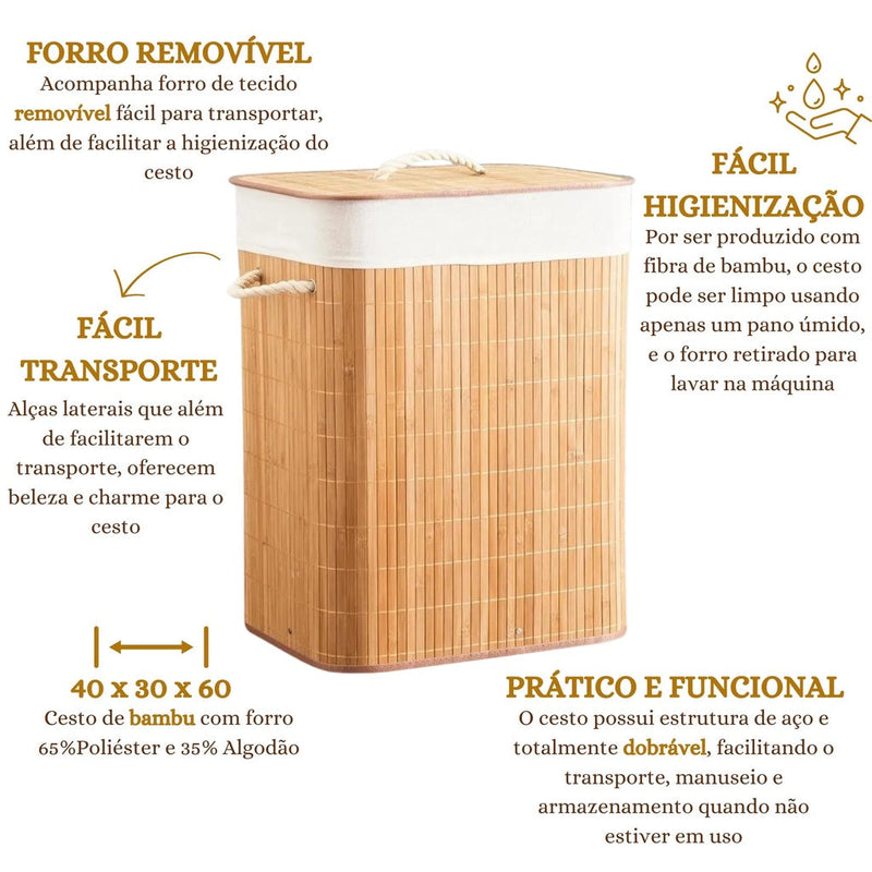 Cesto de Roupa Suja Bambu Com Tampa Ease Klean®️